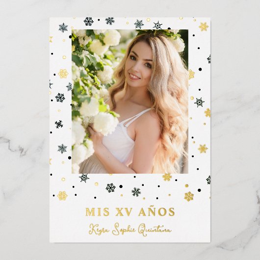 Golden Snowflake Quinceañera Folie Uitnodiging (Voorkant)