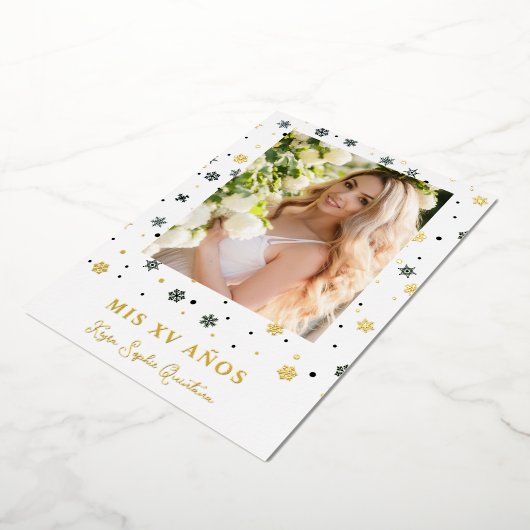 Golden Snowflake Quinceañera Folie Uitnodiging (Gedraaid)