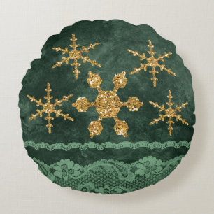 Golden Snowflakes Emerald Green Faux Lace Rond Kussen
