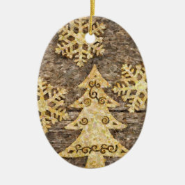Golden Snowflakes en kerstbomen Keramisch Ornament