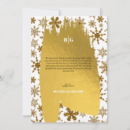 Golden Snowflakes feestelijke kerstbruiloft Bedankkaart (Achterkant)