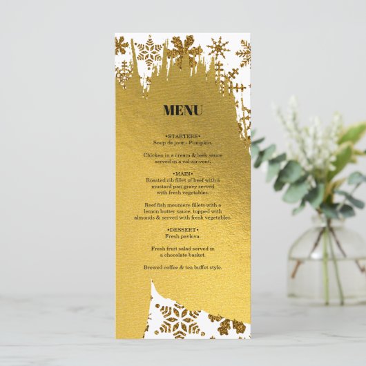 Golden Snowflakes feestelijke kerstbruiloft Menu (Staand voorkant)