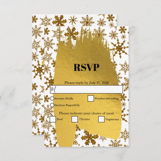 Golden Snowflakes feestelijke kerstbruiloft RSVP Kaartje (Voorkant / Achterkant)