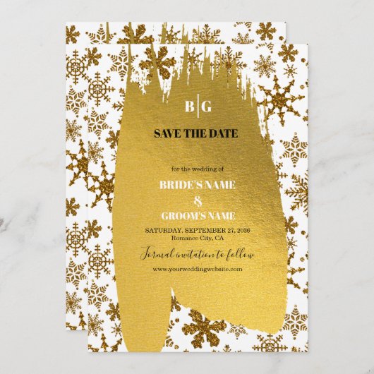 Golden Snowflakes feestelijke kerstbruiloft Save The Date (Voorkant / Achterkant)