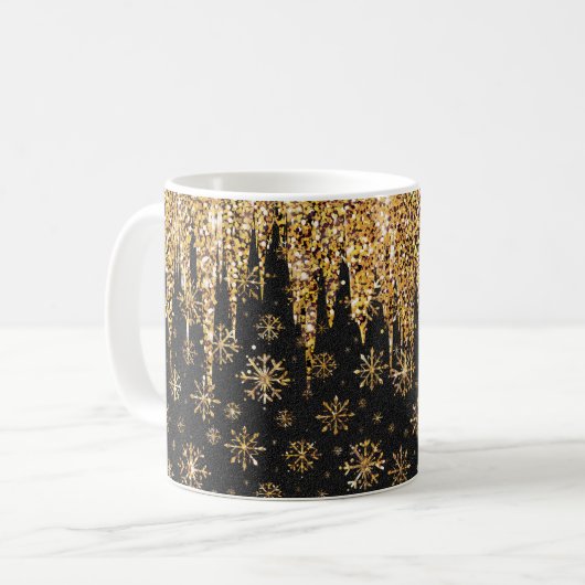 Golden Snowflakes Glittering Gold Drips Koffiemok (Voorkant links)