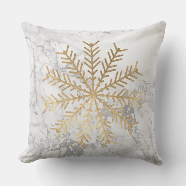 Golden Snowflakes Gray Silver White Marble Kussen (Voorkant)