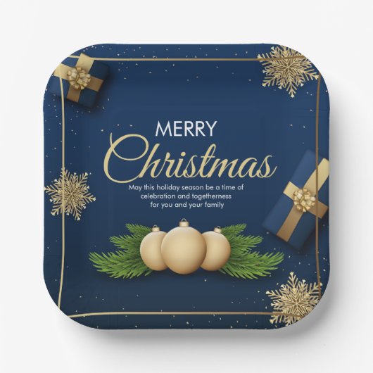 Golden Snowflakes Kerst Kaart, Vrolijk Kerstfeest Papieren Bordje (Voorkant)