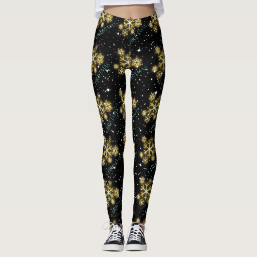 Golden Snowflakes met kerst in het groen op BLACK Leggings (Voorkant)