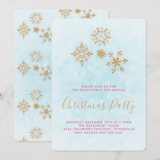 Golden Snowflakes op blauw, feestelijke uitnodigi Kaart (Voorkant / Achterkant)