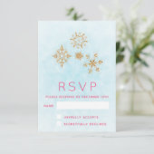  Golden Snowflakes op blauwe Festive RSVP (Staand voorkant)