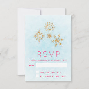  Golden Snowflakes op blauwe Festive RSVP Kaartje