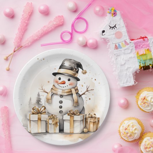 Golden Snowman: Add Elegance to Your Holiday Deco Papieren Bordje (Feest)