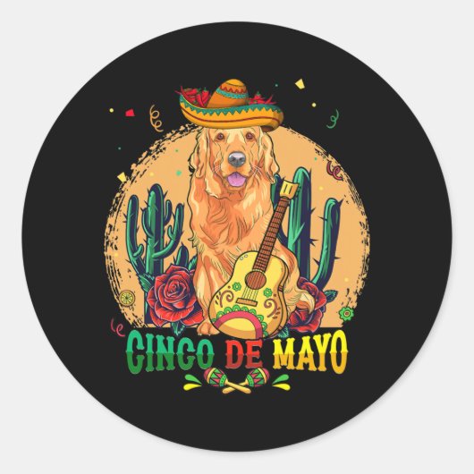 Golden Sombrero Cinco De Mayo Mexican Dog Mannen Ronde Sticker (Voorkant)