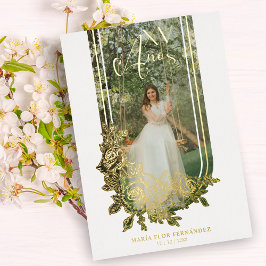 Golden Spanish Luxury Trendy Floral Mis XV Photo Folie Uitnodiging