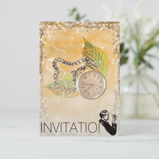 Golden Sparking Clock Perals Gentelmen Invitation Kaart (Staand voorkant)