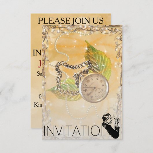 Golden Sparking Clock Perals Gentelmen Invitation Kaart (Voorkant / Achterkant)