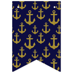 Golden Sparkle Anchor Navy Blue Sailing Nautical Vlaggetjes