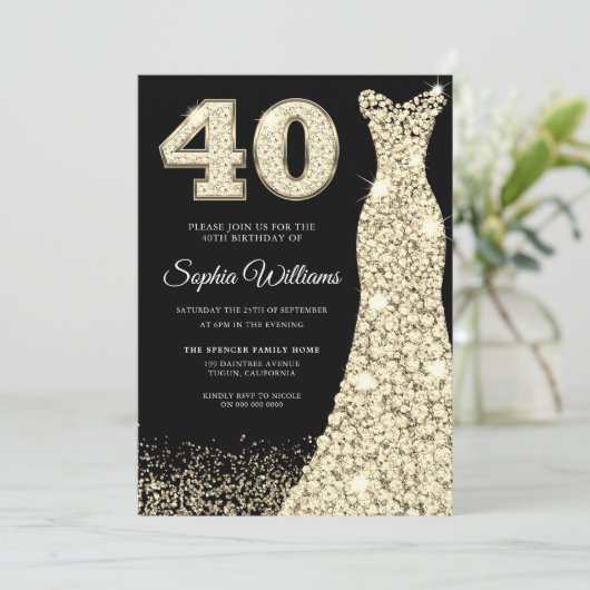 Golden Sparkle Dress 40th Birthday Party Black Kaart (Staand voorkant)