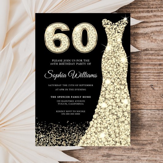 Golden Sparkle Dress Black 60th Birthday Party Kaart
