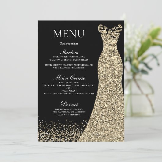 Golden Sparkle Dress Black Birthday Party Bridal Menu (Staand voorkant)