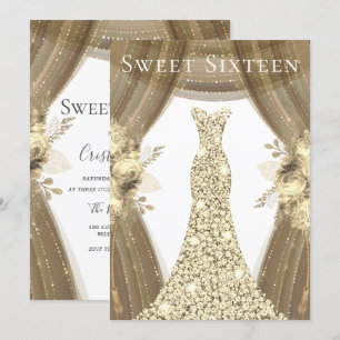 Golden Sparkle Dress & Flowers Sweet 16 Party Kaart