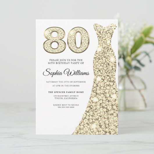 Golden Sparkle Dress Womans 80th Birthday Party Kaart (Staand voorkant)