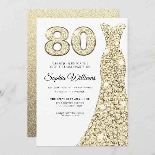Golden Sparkle Dress Womans 80th Birthday Party Kaart (Voorkant / Achterkant)