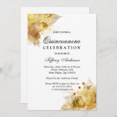 Golden Sparkle Flowers Quinceanera Party Invite Kaart (Voorkant / Achterkant)