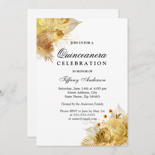 Golden Sparkle Flowers Quinceanera Party Invite Kaart (Voorkant / Achterkant)