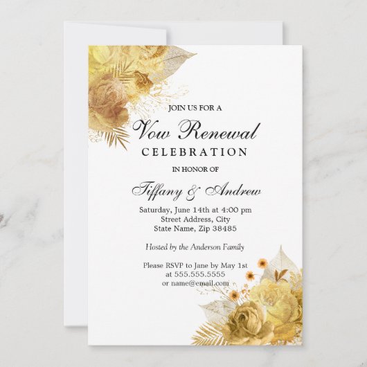 Golden Sparkle Flowers Vow Renewal Uitnodiging (Voorkant)