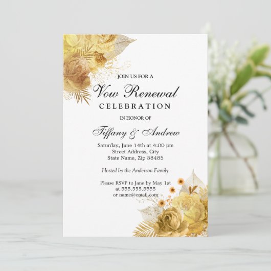 Golden Sparkle Flowers Vow Renewal Uitnodiging (Staand voorkant)