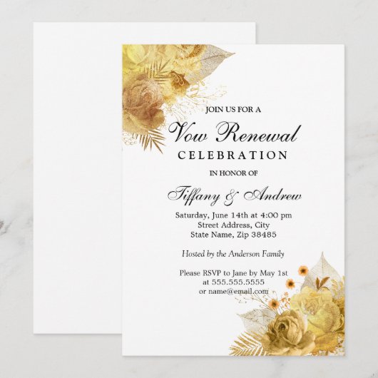 Golden Sparkle Flowers Vow Renewal Uitnodiging (Voorkant / Achterkant)
