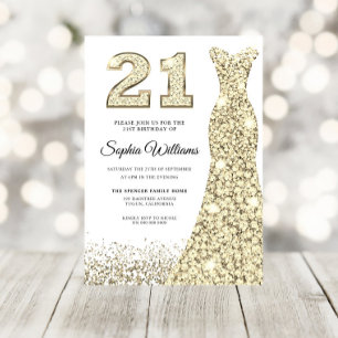 Golden Sparkle Glitter Dress 21st Birthday Party Kaart