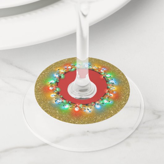 Golden Sparkle met Holiday Light Bulbs Wijnglaslabel (Dichtbij)