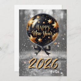 Golden Sparkle New Year Balloon with 2026 Glow Feestdagenkaart