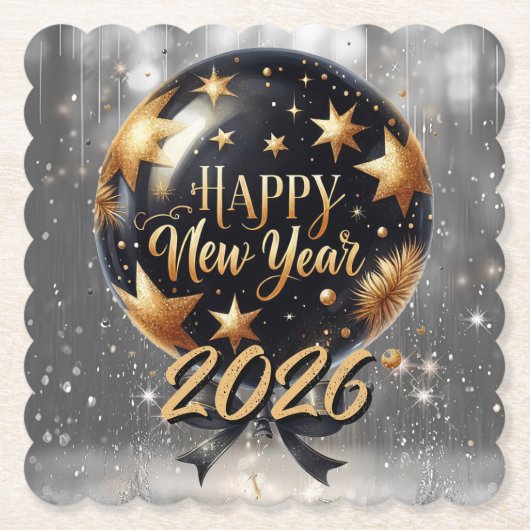 Golden Sparkle New Year Balloon with 2026 Glow Kartonnen Onderzetters (Voorkant)