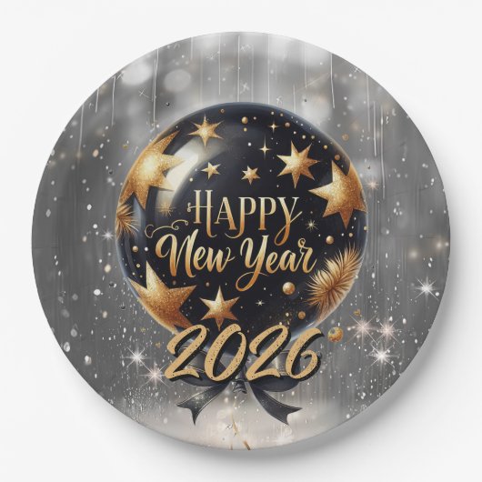 Golden Sparkle New Year Balloon with 2026 Glow Papieren Bordje (Voorkant)