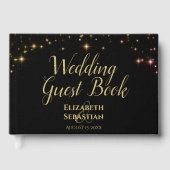 Golden Sparkle Stars op Black Elegant Wedding Gastenboek (Voorkant)