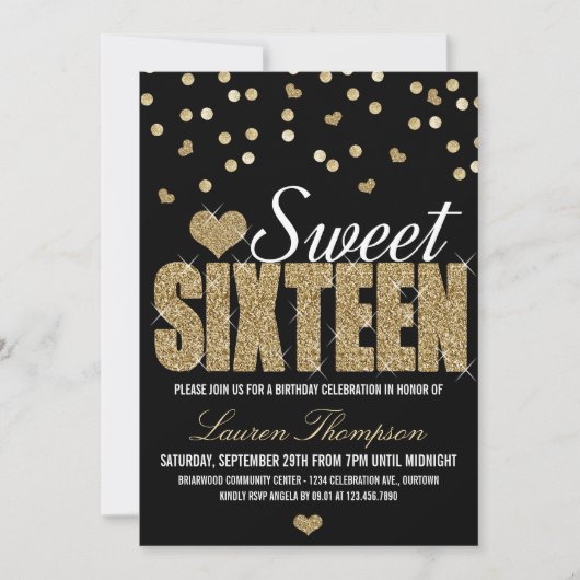 Golden Sparkle Sweet 16 Party-uitnodigingen Kaart (Voorkant)