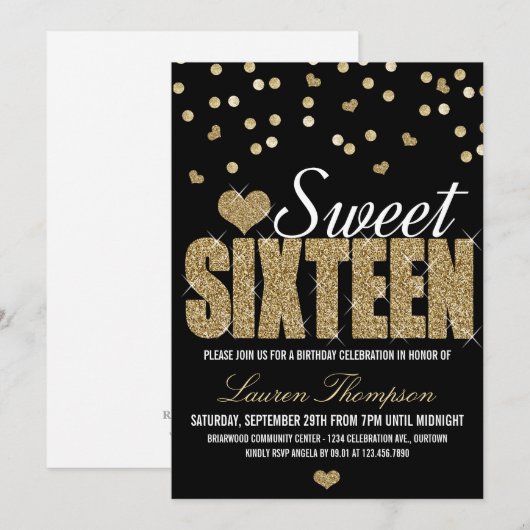 Golden Sparkle Sweet 16 Party-uitnodigingen Kaart (Voorkant / Achterkant)