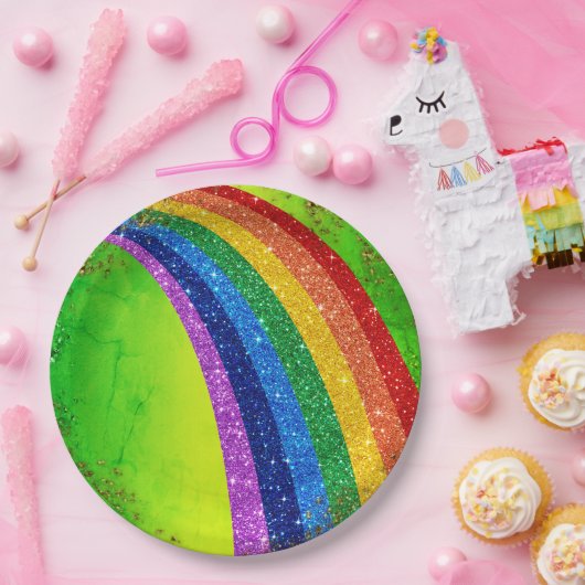 Golden Sparkles en Glitter Rainbow Unicorn Green Papieren Bordje (Feest)