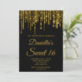 Golden Sparkly String Lights Black Sweet 16 Kaart (Staand voorkant)
