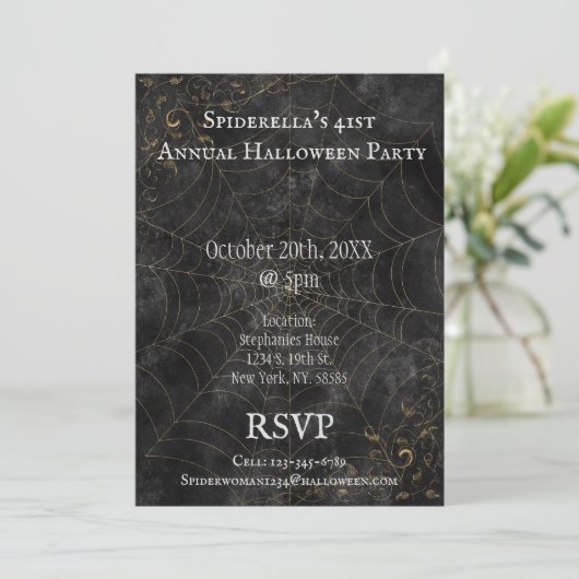 Golden Spider Web Fancy Halloween Party Kaart (Staand voorkant)
