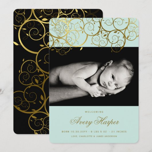 Golden Spirals Baby Boy Fotoaankondiging Aankondiging (Voorkant / Achterkant)