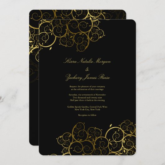 Golden Spirals Vine Classy Black Wedding Invite Kaart (Voorkant / Achterkant)