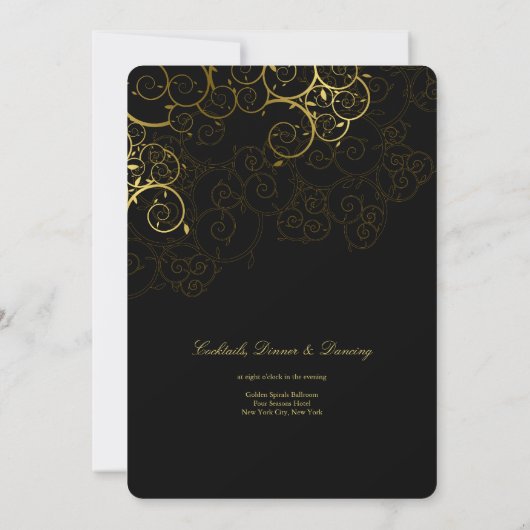 Golden Spirals Vine Classy Black Wedding Invite Kaart (Achterkant)