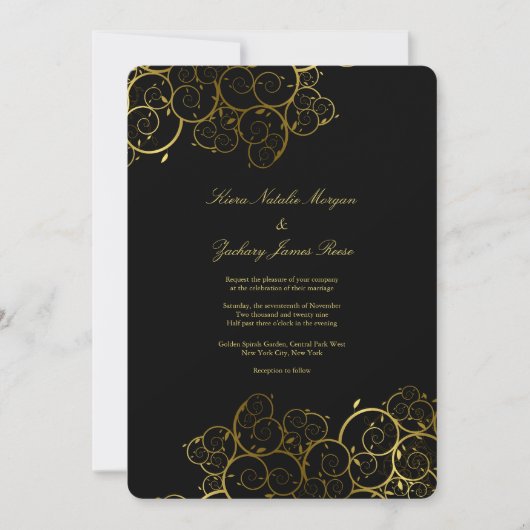 Golden Spirals Vine Classy Black Wedding Invite Kaart (Voorkant)