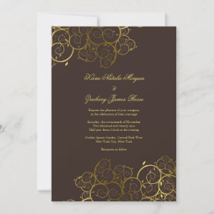 Golden Spirals Vine Classy Expresso Wedding Invite Kaart
