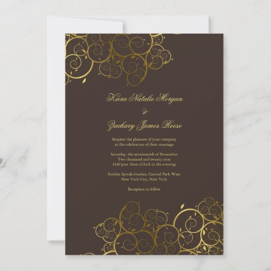 Golden Spirals Vine Classy Expresso Wedding Invite Kaart (Voorkant)