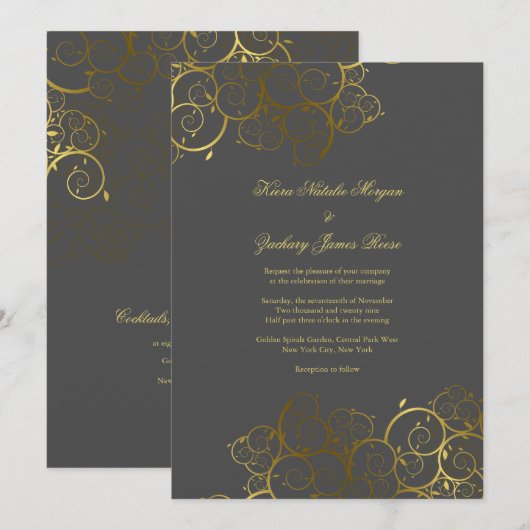 Golden Spirals Vine Classy Gray Weddenschap Kaart (Voorkant / Achterkant)